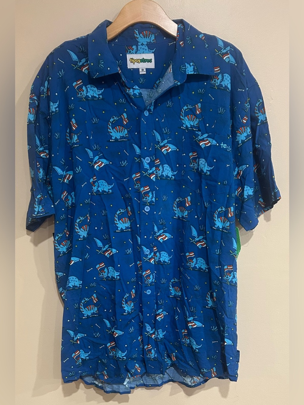 NWT Tipsy Elves Fossilized Flag Button Down XXL 4th of July Patriotic Dinosaur